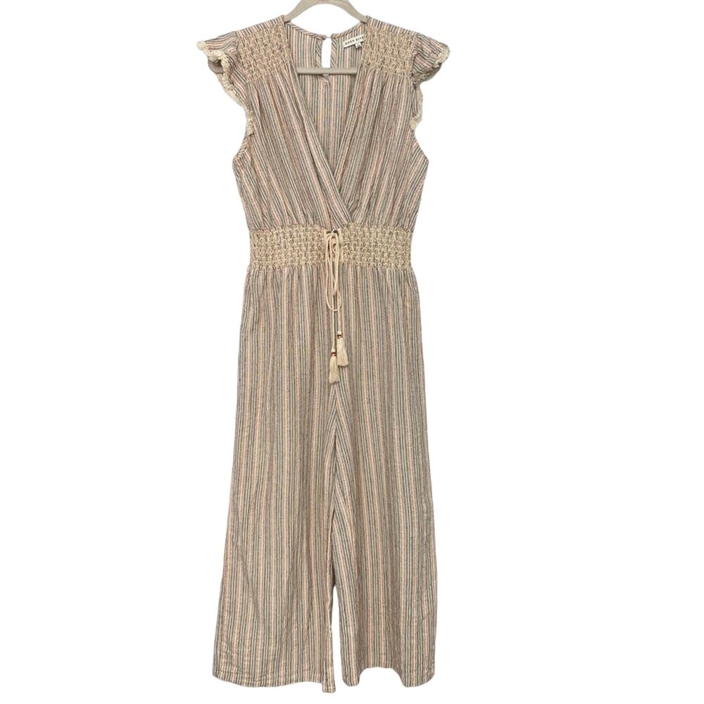 Moon River Striped Cropped Lace Up Jumpsuit Women's Size Large